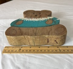 Handmade Vintage 1990s Wooden Bear Decor Teal Sweater Rustic Folk Art 9×8 in