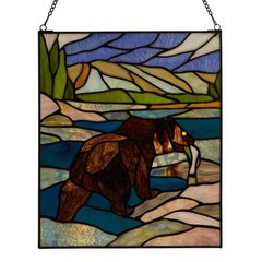 Stained Glass Window Panel Fishing Bear Brown/Amber Rectangular Hanging Chain