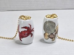 Fan Light Fixture Pull String Ceramic Sea Shells Red Crab Gold White Beach House