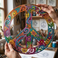 Bohemian Peace Symbol Wall Hanging, Colorful Floral Metal Decor, Vintage Hippie