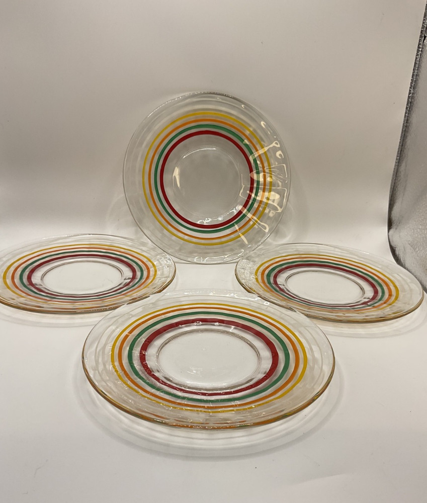 4 Anchor Hocking 6” Plates Ring Ding White Yellow Orange Green Red Bands A