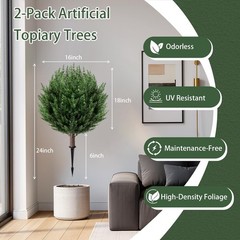 2 Pack 2FT Artificial Cedar Topiary Trees Ground Spike UV Resistant Faux