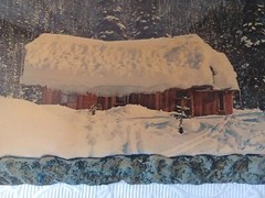 Vintage Log Cabin Wood Wall Plaque Picture Ski Cabin 15.75″ X 11.5″