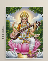 Saraswati Goddess Print Maa Devi Knowledge Art Poster Unframed HinduDecor 6×8 in
