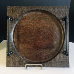 Ottoman Tray Solid Dark Wood Metal Handles Square Carved Circular Center 15″x15″