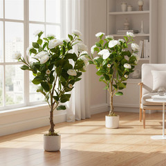 2 Pack 2.8FT Artificial Camellia Tree, Faux Flower Plants in Pot for Home Office