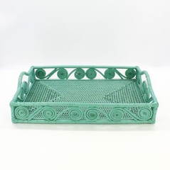 New Swirly Rectangle Large Rattan Tray with Handles-Turquoise-17.7″