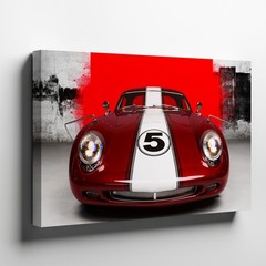 Vintage red sports car canvas wall art with white racing stripe and number 5