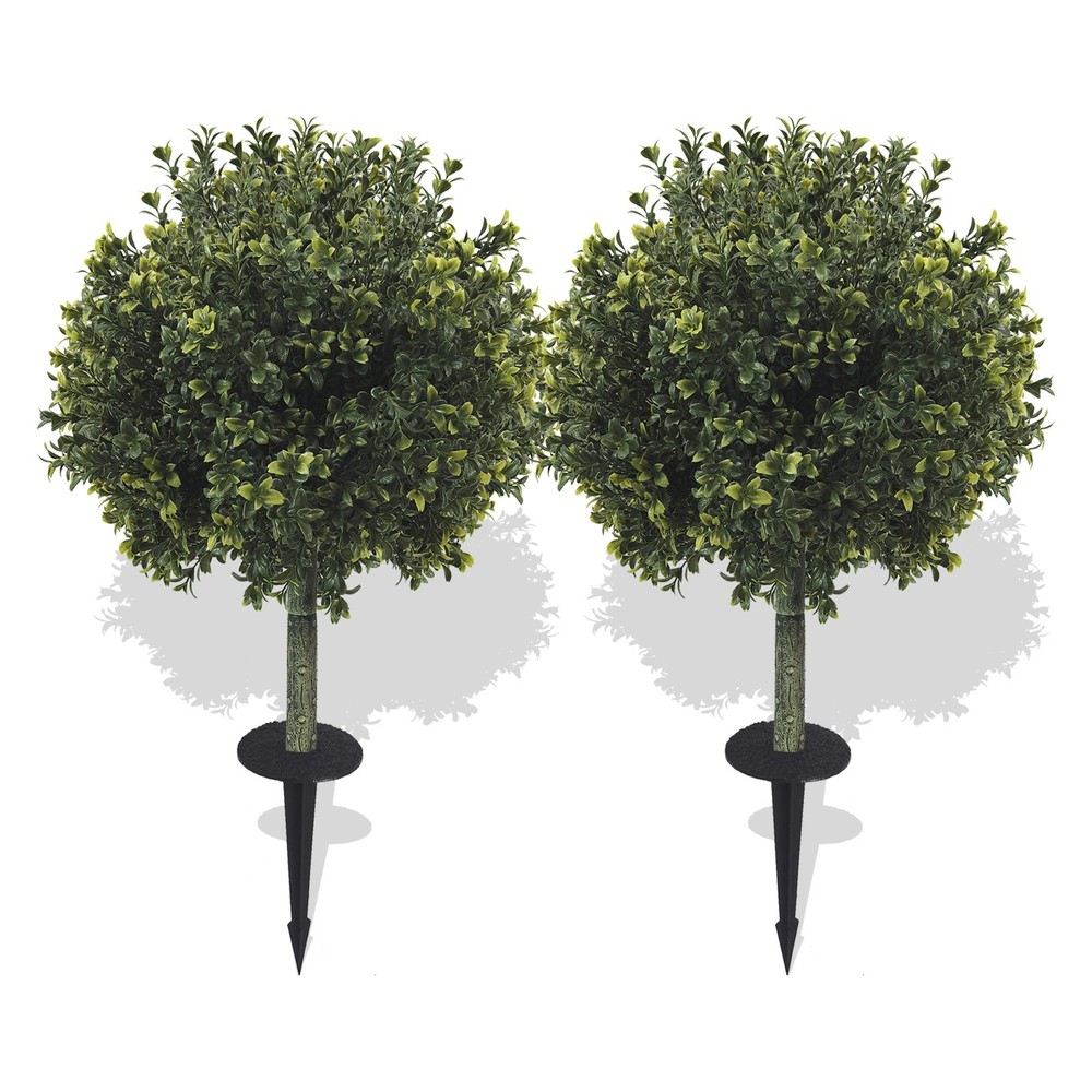 2 Pack Artificial Boxwood Topiary Ground Stake Fake Sphere Shrub Outdoor Garden
