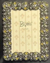 Bijou metal Picture Frame with Flowers yellow silver rhinestone 4×6