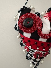 Whimsy HANGING HEART, black, white, red *HANDMADE* with buttons, beads,tassel