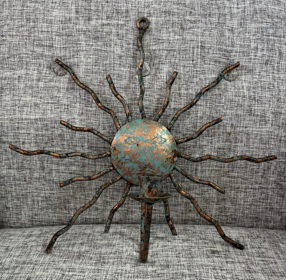 Vintage Copper Sun Face Wavy Rays Wall Decor With Candle Holder Verdigris Patina