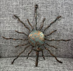 Vintage Copper Sun Face Wavy Rays Wall Decor With Candle Holder Verdigris Patina
