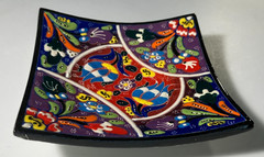 Turkish Hand Painted Polychrome Ceramic Plate Plants Raised Edges Square 5.5 in!