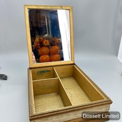 Vintage Embroidered Jewelry Box Mirror Compartments Gold Medium Floral Sampler