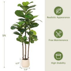 Fiddle Leaf Fig Tree Artificial – 5ft Faux Fiddle Leaf Fig Tree with White Pl…