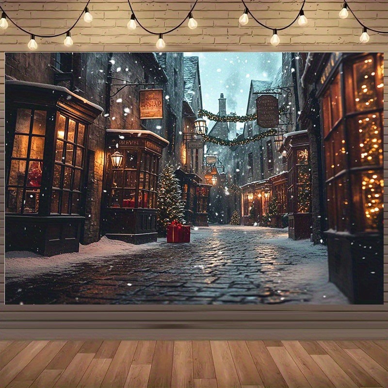 2D Flat, Winter Magic Snowfall & Glowing Lights Tapestry – Cozy Horizontal Flann