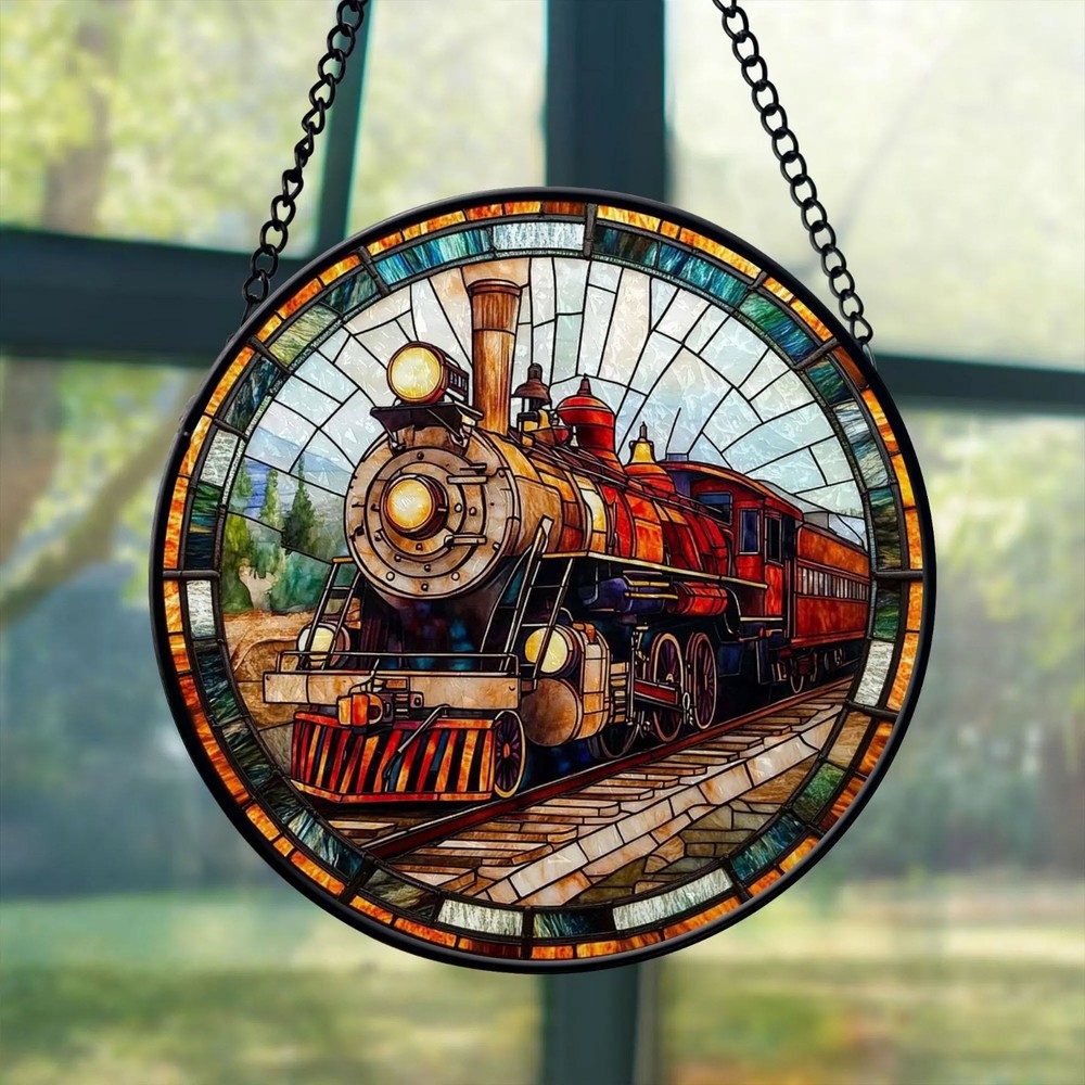 Train Faux Stained Glass Suncatcher, Vintage Train Window Hanging Home Decor (