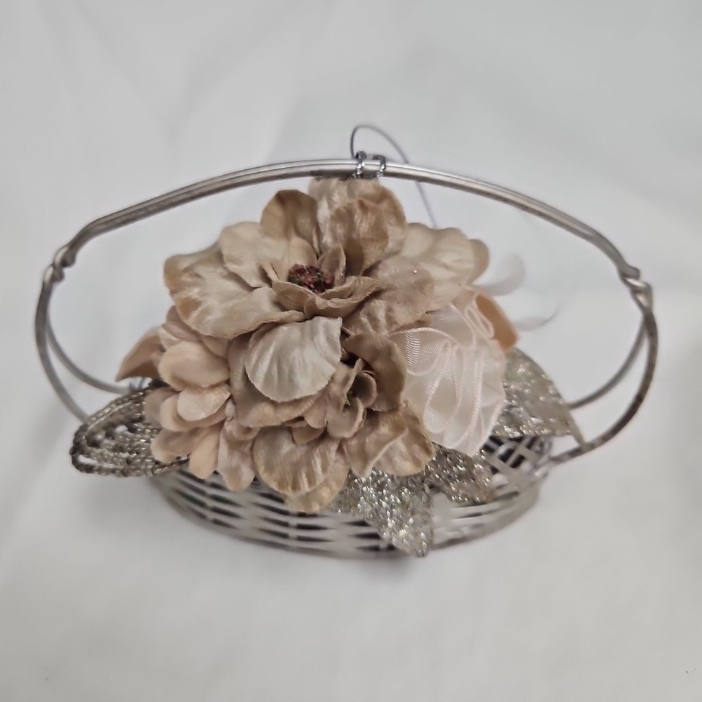 Silver Metal Flower Basket with Beaded Leaves & Velvet Flowers