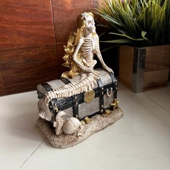 Mermaid Skeleton Figurine Pirate Treasure Chest Resin Statue 8 in Decor