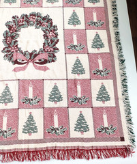 Weaved Tapestry Wreath Blanket~Trees Candles Fringed 100% Cotton~46in x 58 in