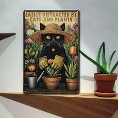 NEW 2D 8″x12″ Funny Garden CAT Metal Vintage Sign. «Easily Distracted By Plants»