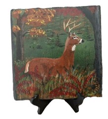 Deer red green forest slate painting lake, cabin, WITH stand, 10 1/4″ x 10 1/8″