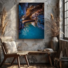 Serene Cave Interior Featuring Dramatic Rock Formations With Elongated Wall Art