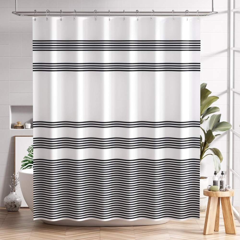 Shower Curtain, Washable Cloth Black Shower Curtain Sets with 12 Shower Curtain