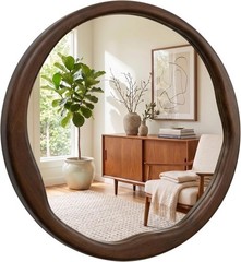 30″ Walnut Round Wall Mirror,Large Solid Wood Wavy Frame, Mid-Century for Living
