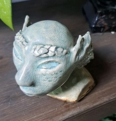 Green Alien Bust Studio Pottery Handmade Clay Figurine Statue Sculpture 4″x4″