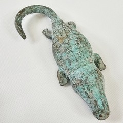 Metal Alligator Crocodile Figurine Verdigris Green Patina & Brass 5.5″