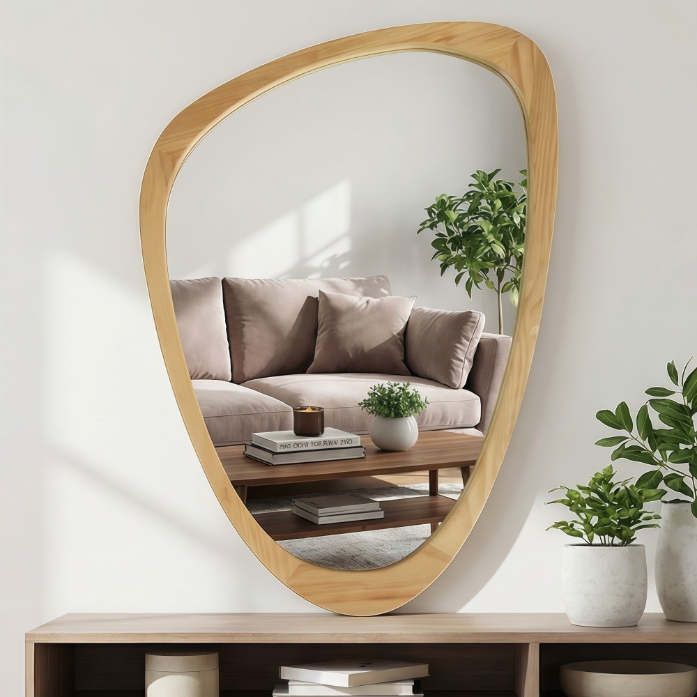 Morden Irregular Mirror With Frame, 24×36 in Solid Wood Frame Decorative Mirror