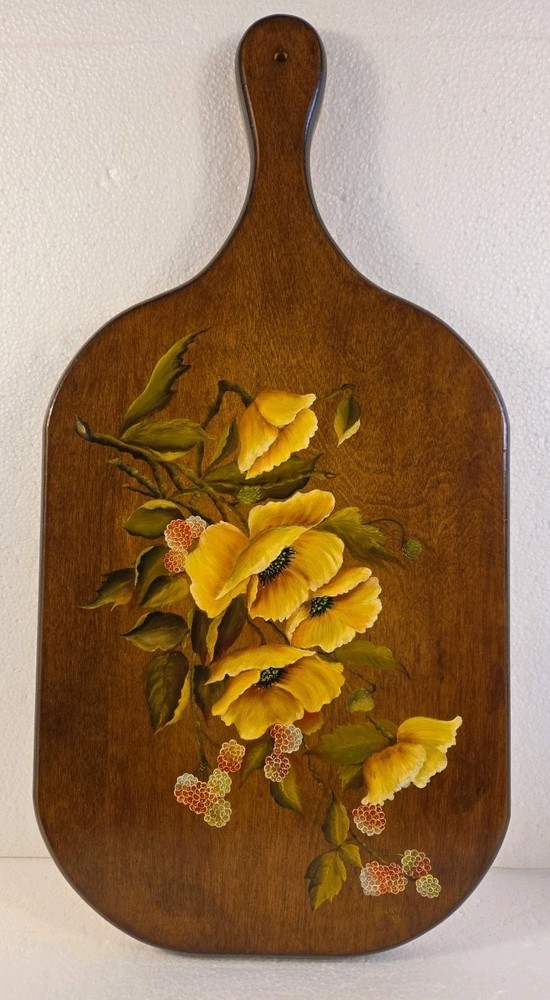 VTG 1981 Hand Painted Wooden Cutting Board Wall Decor Flower Design – Signed