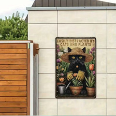 NEW 2D 8″x12″ Funny Garden CAT Metal Vintage Sign. «Easily Distracted By Plants»
