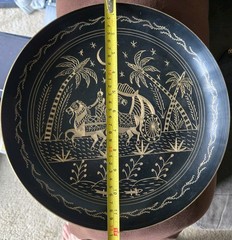 STUNNING OOAK LARGE VINTAGE WALL HANGING SCENIC ART BOWL HORSES IN DESERT NIGHT
