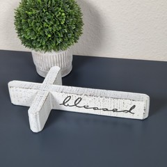 Rustic Distressed White Wood Blessed Cross Freestanding Farmhouse Decor 9.5in