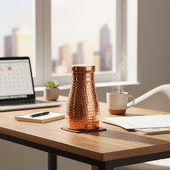 Pure Copper Water Bottle 1 Liter with Inbuilt Glass | Hammered Finish Drinkware