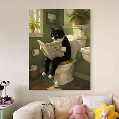 Funny Tuxedo Cat Reading Newspaper on Toilet Canvas Wall Art