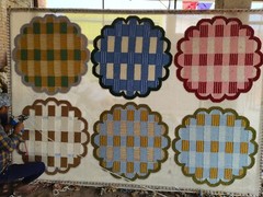 Handmade Checkered Wool Rug Blue Red | Scalloped Geometric Carpet Living Room