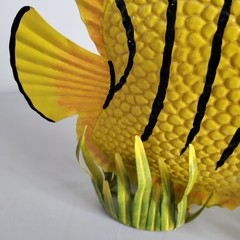 2 Metal Fish Sculptures Seagrass Base 15″ Yellow Tiger Stripe 14″ Red Angelfish