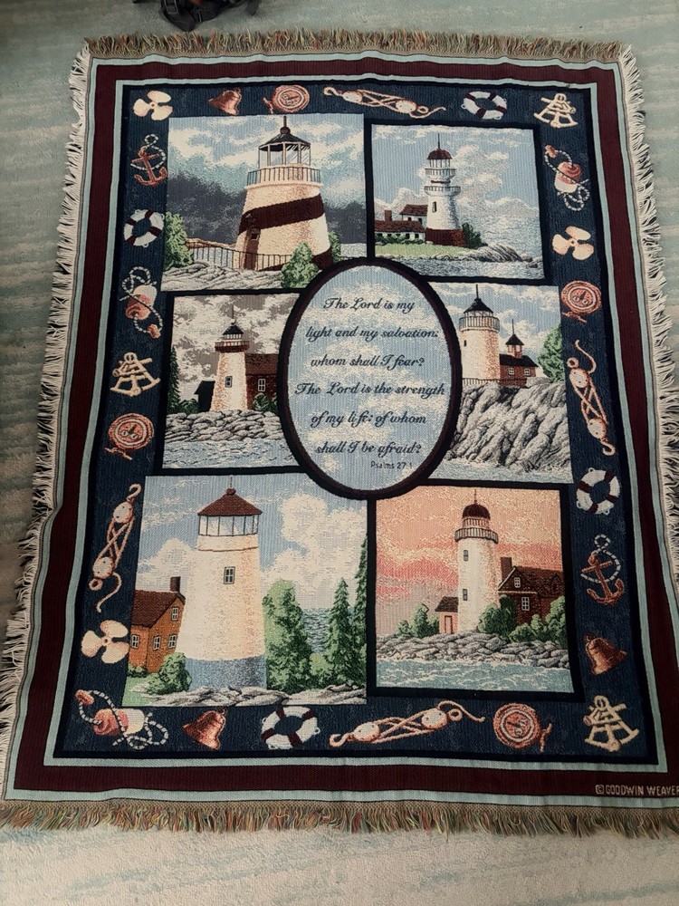 VTG Goodwin Weavers Lighthouse Woven Tapestry Throw Blanket. 100% cotton USA