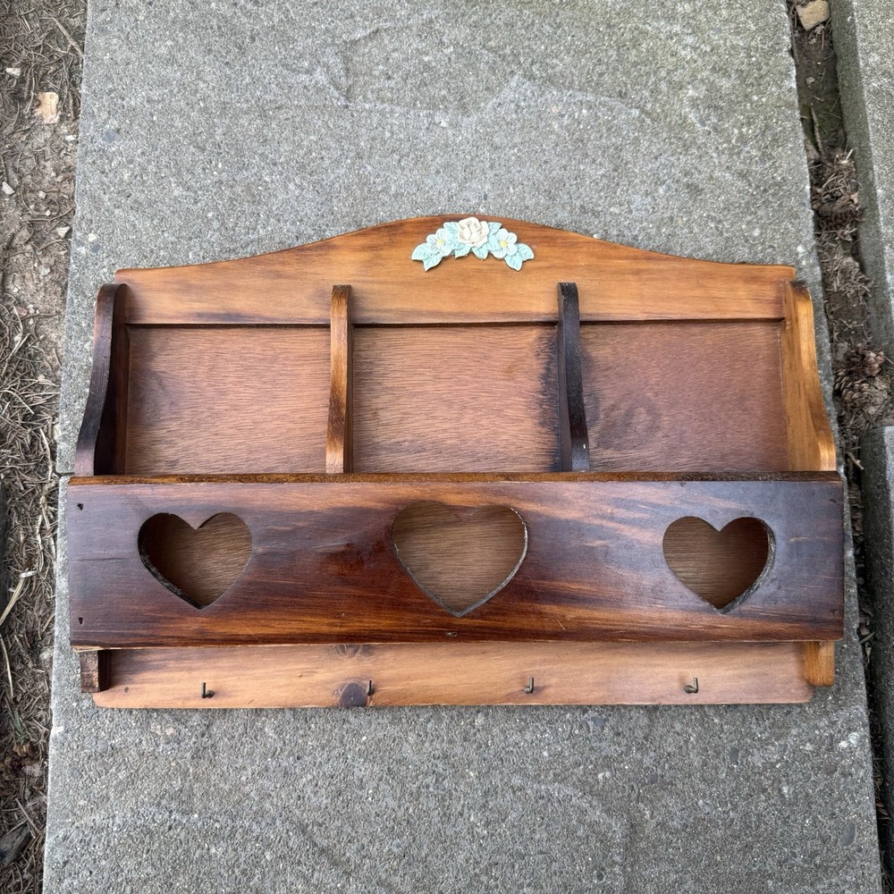 Vintage Dark Wood Wall Hanging Shelf Key Holder Mail Organizer Cottagecore Farm