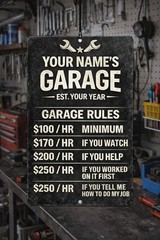 Personalized Garage Sign With Name Custom Mechanic Hourly Rate Funny Metal Man C