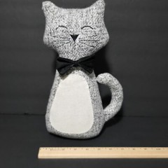 Door Stop Weighted Happy Cat With Bowtie Plush Fabric Gray Freestanding Heavy