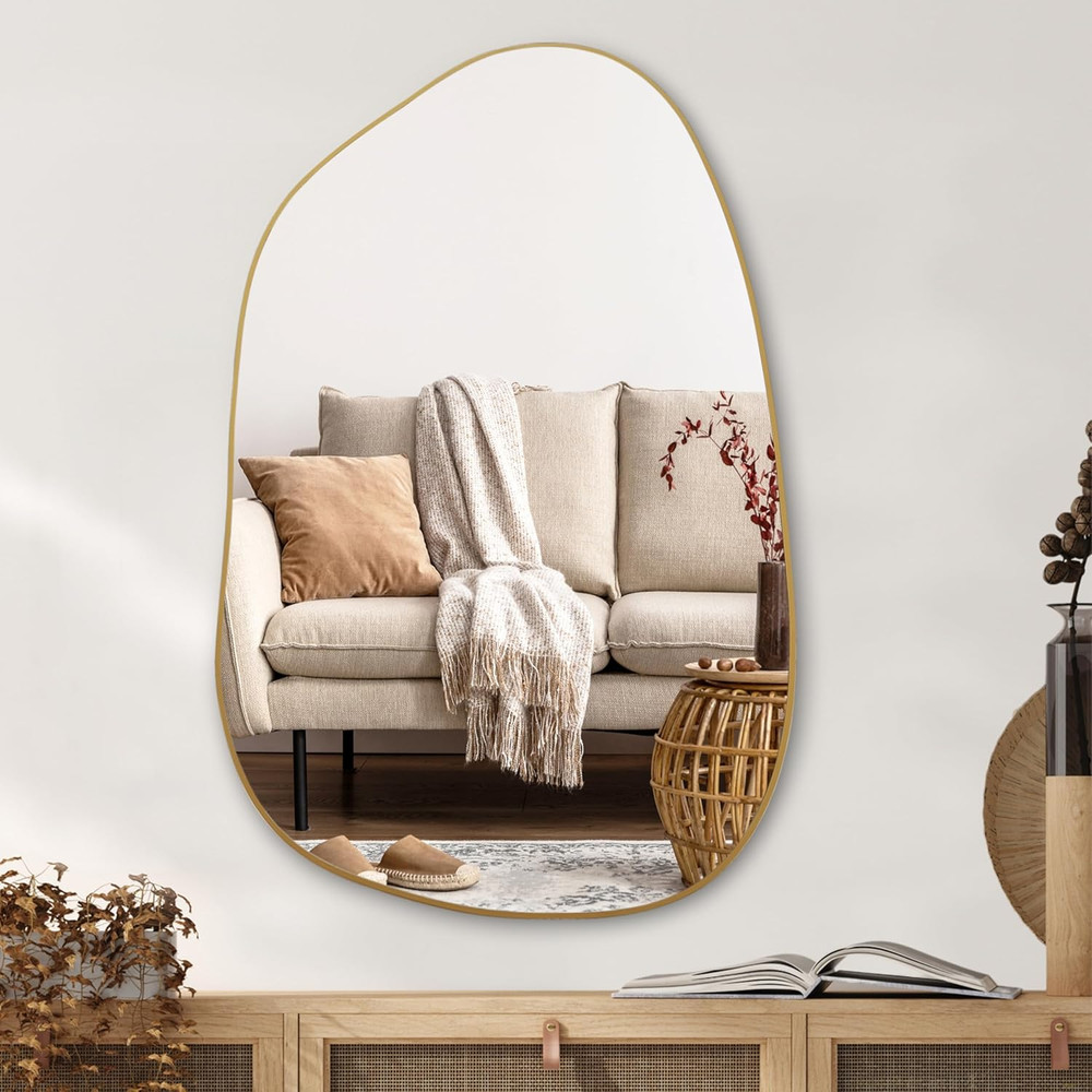 PERFNIQUE Irregular Wall Mirror Asymmetrical Mirror, 40»X26» Gold Mirror for B