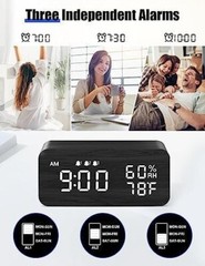 Wooden Digital Alarm Clock with Wireless Charging, Dimmable, Adjustable Grey