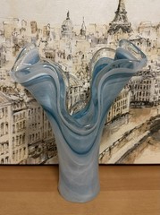 Murano Hand Made Art Glass 10” tall Ruffled Vase Light Blue Marble. Italy.New.