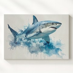 Leaping Shark Watercolor Canvasenergetic Ocean Motion Wall Art