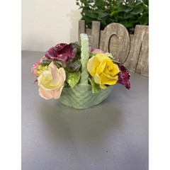 Vintage Porcelain Rose Basket Figurine Floral Arrangement Green Basket